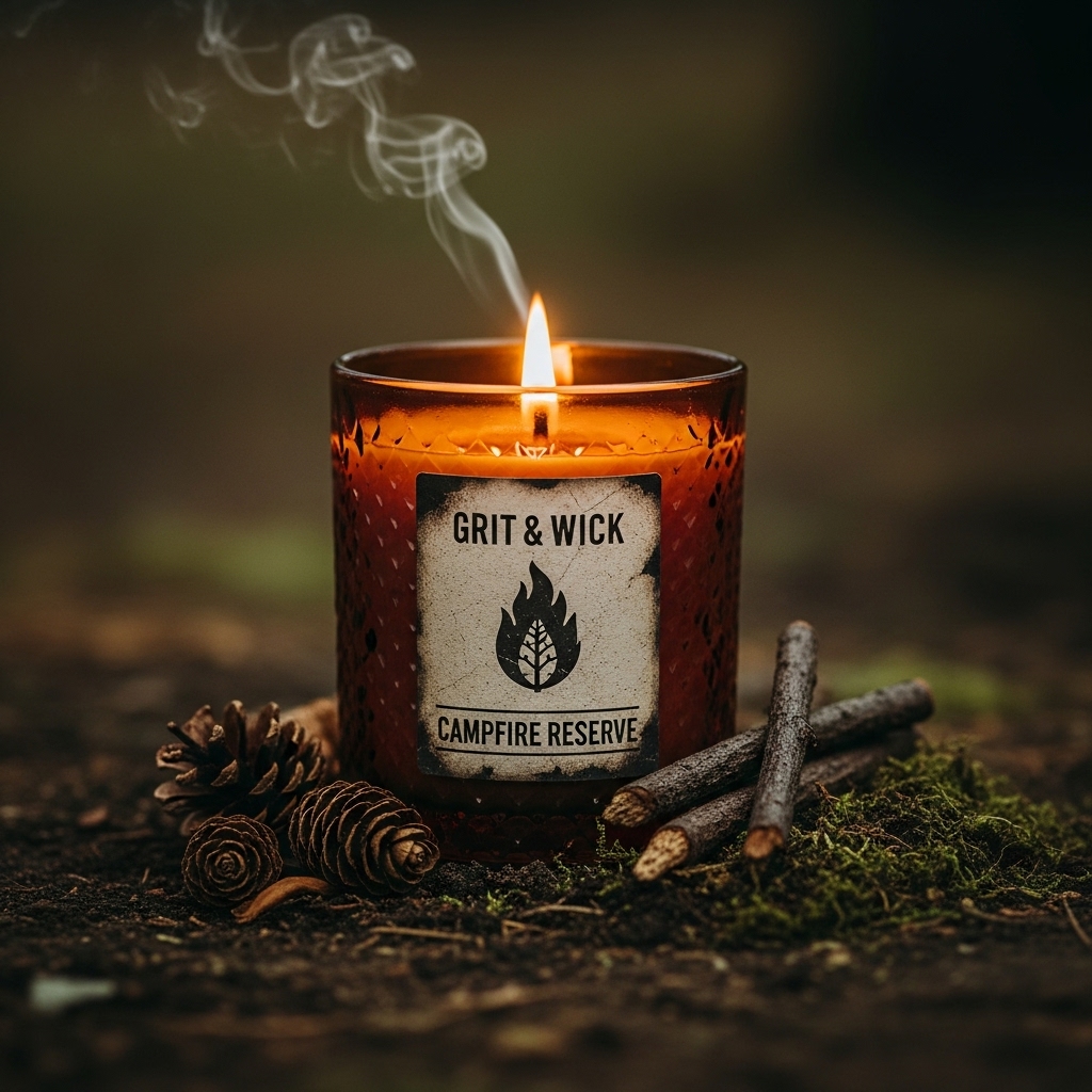 Campfire Reserve soy wax candle with woodsmoke and rugged comfort scent profile