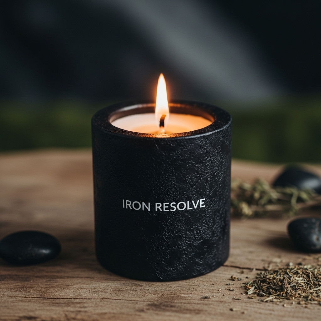 Iron Resolve candle - gun oil, teakwood, and clove scent in 8 oz soy wax vessel
