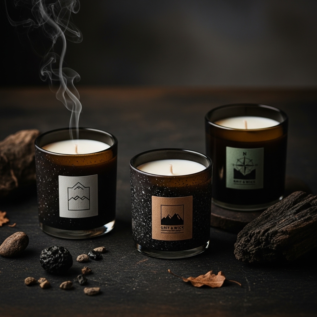 Grit & Wick signature candle collection featuring Iron Resolve, Campfire Reserve, and Autumn Anvil scents